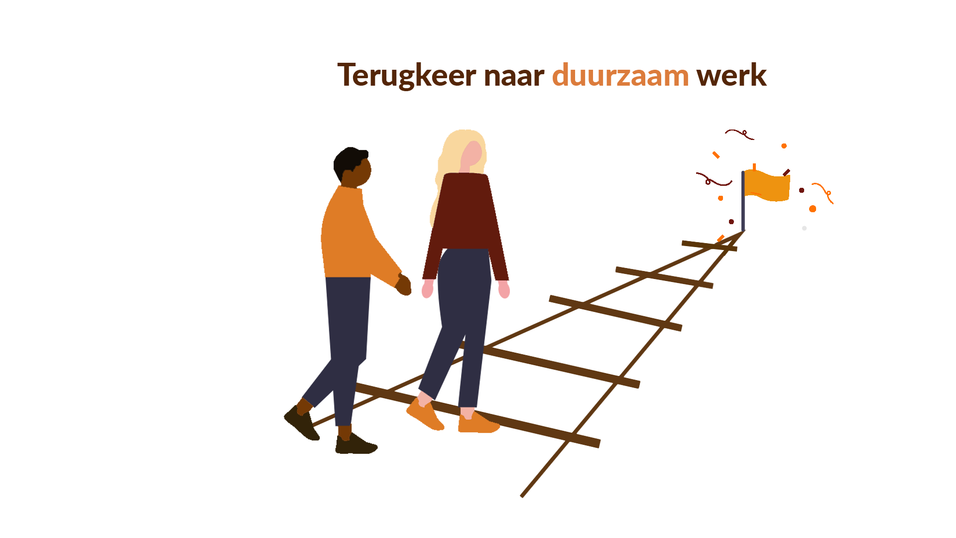 Infographic-icoon met twee mensen: een begeleider en een zieke werknemer die samen op weg zijn naar werk in het 2e spoor.