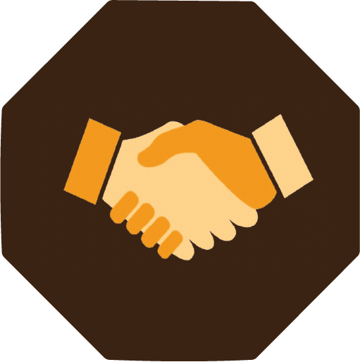Pictogram van een handdruk, representatief voor ondersteuning bij re-integratie, kennis van regelgeving en juridische hulp.