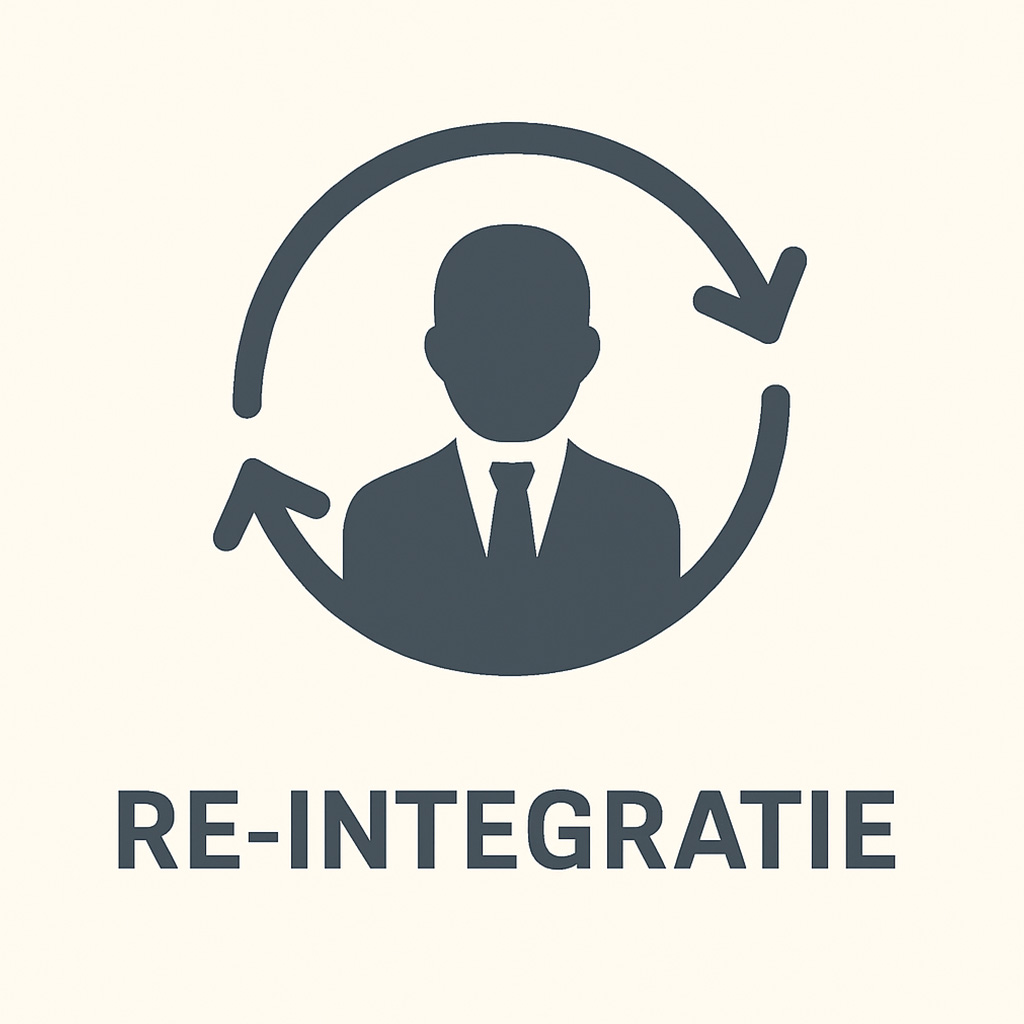 Minimalistisch pictogram van re-integratie: persoon in pak omringd door circulaire pijlen, symbool voor terugkeer naar werk en duurzame inzetbaarheid.