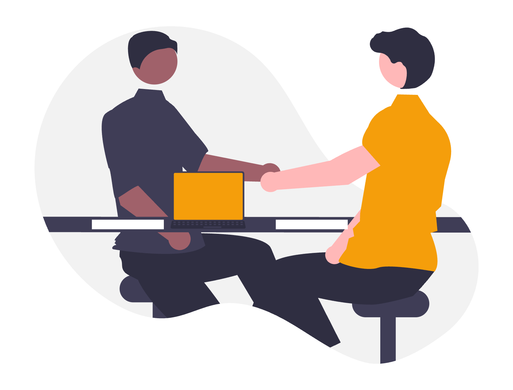 Twee mensen schudden elkaar de hand aan een tafel met een laptop tussen hen in — illustratie van een constructief gesprek of mediation.