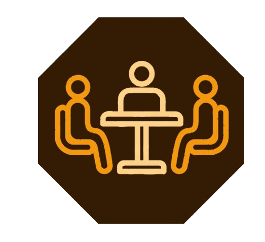 Pictrogram van een mediation gesprek met drie gestileerde figuren rond een tafel omtrent arbeidsrecht.
