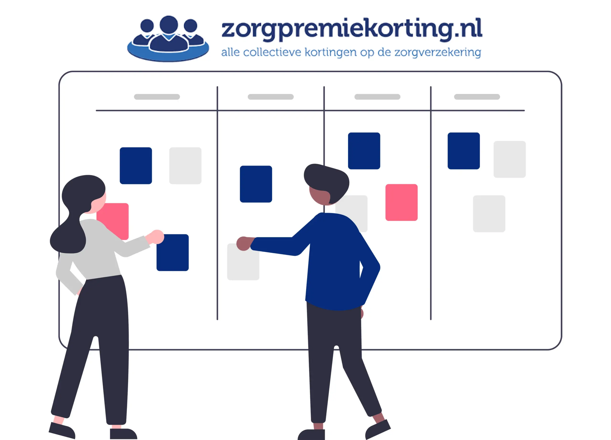 Infographic van twee ondernemers die via MKB Collectief zorgverzekeringen vergelijken – zzp en mkb profiteren van collectieve korting en extra dekkingen.