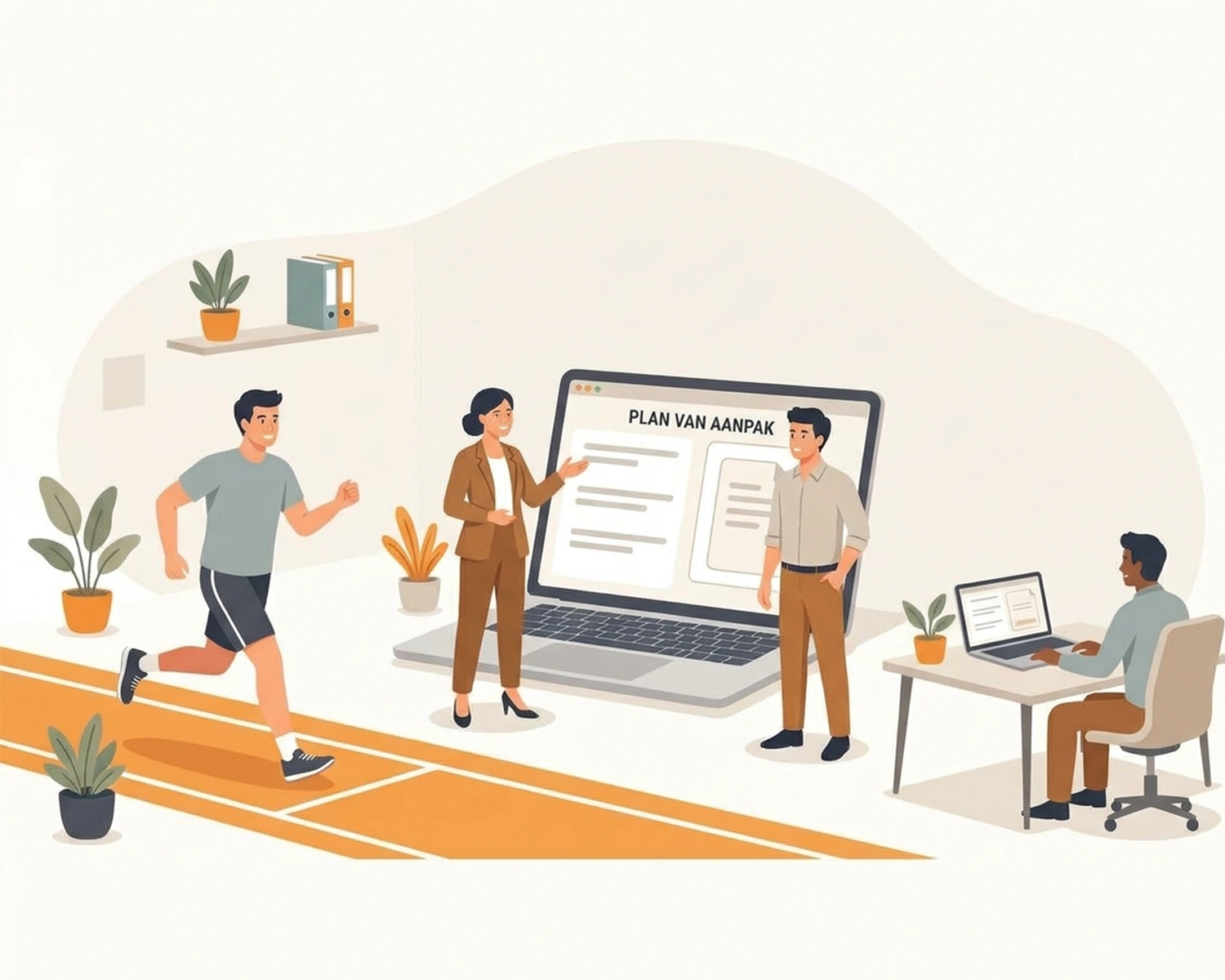 Een illustratie van een werknemer die na een herstelperiode terugkeert naar het werk, met een werkgever die hem ondersteunt.